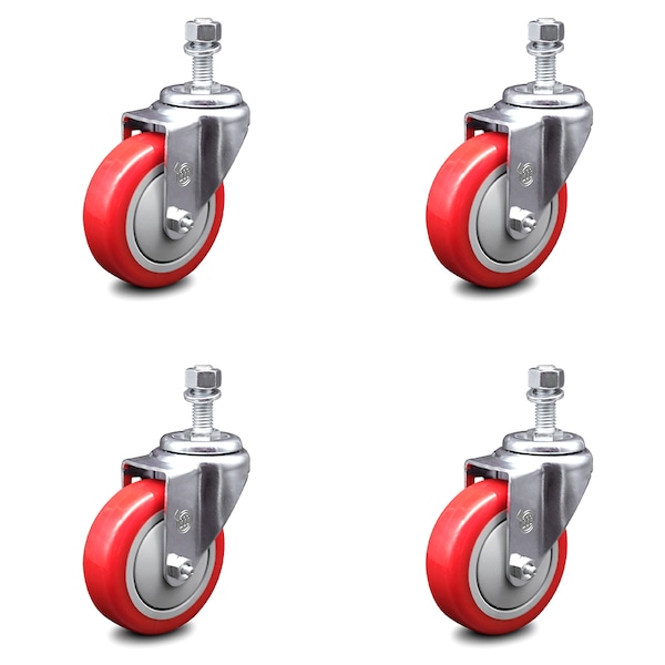 4 Inch Red Polyurethane Wheel Swivel 12mm Threaded Stem Caster Set SCC